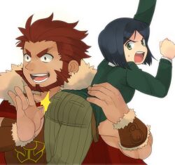  2boys angry ass bad_id bad_pixiv_id beard black_hair bob_cut carrying carrying_over_shoulder carrying_person facial_hair fate/zero fate_(series) green_eyes iskandar_(fate) male_focus multiple_boys otoko_no_ko parted_bangs red_eyes red_hair shitappa simple_background smile spanking sweat waver_velvet white_background 