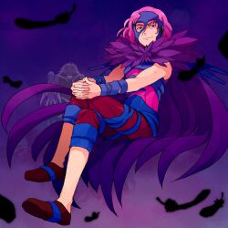  3boys bad_id bad_pixiv_id baritone_(suite_precure) bassdrum cape crossed_legs falsetto_(suite_precure) feathers full_body fur_trim half_mask hands_on_own_knee kurochiroko male_focus mask multiple_boys pants photoshop_(medium) pink_hair precure purple_background purple_theme shoes sitting smile spoilers suite_precure 