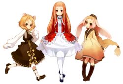  3girls animal_ears blonde_hair boots commentary_request dress knee_boots mariel-san mikumikudance mmlu_(honwa_karesu) multiple_girls original pantyhose rhea_(kanihira) shoes usausa_(kanihira) 