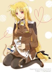  blonde_hair breasts character_name commentary_request copyright_name fate_testarossa feline female gen_(enji) green_eyes heart heart_of_string heterochromia large_breasts long_hair low-tied_long_hair lyrical_nanoha mahou_shoujo_lyrical_nanoha_strikers military military_uniform pantyhose photoshop_(medium) red_eyes sitting smile solo tsab_ground_military_uniform uniform wariza 