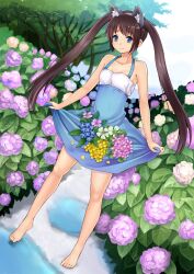  animal_ears bare_legs bare_shoulders barefoot blue_door blue_eyes blush cat_ears commentary_request dress fake_animal_ears feet female flower hairband halterneck long_hair original photoshop_(medium) skirt_basket solo twintails very_long_hair 