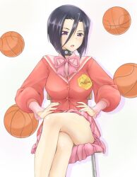  bad_id bad_pixiv_id banned_artist bare_legs basketball blush bob_cut breasts chair choker crossed_legs english kami_nomi_zo_shiru_sekai medium_breasts nigiriushi nikaidou_yuri purple_eyes school_uniform short_hair sitting solo 