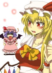  !? 2girls ^^^ aged_up bat_wings blonde_hair blush bow bowtie breast_envy breasts commentary_request flandre_scarlet hat highres jaw_drop large_breasts long_hair multiple_girls nitoni open_mouth purple_hair red_eyes remilia_scarlet ribbon shaded_face short_hair siblings side_ponytail sisters surprised text_in_mouth touhou turn_pale wings wrist_cuffs 