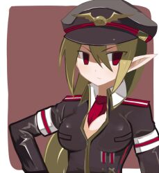  bad_id bad_pixiv_id black_hat breasts brown_hair cleavage disgaea female formal hand_on_own_hip hat long_hair makai_senki_disgaea_3 medium_breasts military military_hat military_uniform necktie peaked_cap pointy_ears red_eyes rento_(rukeai) salvatore_(disgaea) solo suit tsurime uniform 