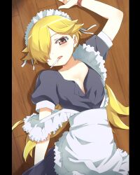  aizawa_shouko apron arm_up blonde_hair blush candy commentary_request duke_(inu_daimyou) female floor food frills hair_over_one_eye jewelpet_(series) jewelpet_sunshine lollipop long_hair looking_at_viewer lying maid maid_headdress mouth_hold on_back on_floor solo strap_slip unbuttoned wooden_floor yellow_eyes 