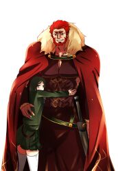  1boy armor bad_id bad_pixiv_id beard blush bob_cut facial_hair fate/zero fate_(series) female genderswap_(mtf) green_hair highres hug iskandar_(fate) jeran_(ggokd) photoshop_(medium) pleated_skirt red_eyes red_hair rule_63 short_hair simple_background skirt sword thighhighs waver_velvet weapon white_background white_legwear 