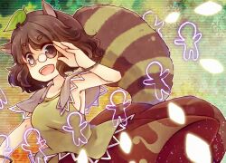  animal_ears breasts brown_dress brown_eyes brown_hair commentary_request danmaku dress female futatsuiwa_mamizou glasses leaf leaf_on_head medium_breasts open_mouth pince-nez raccoon_ears raccoon_tail sen1986 short_hair sideboob smile solo tail touhou 