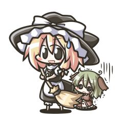  2girls @_@ animal_ears aoblue blonde_hair blush bow chibi commentary_request dress green_hair hairbow hat kasodani_kyouko kirisame_marisa multiple_girls open_mouth ribbon short_hair smile touhou witch_hat 