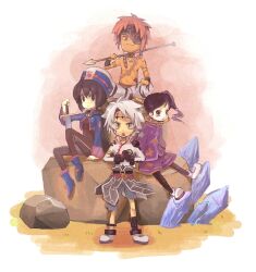  3boys bad_id bad_pixiv_id black_hair cape chloe_valens commentary_request eyepatch female gloves hat jay_(tales) komu24 moses_sandor multiple_boys polearm red_eyes red_hair senel_coolidge short_hair side_ponytail spear sword tales_of_(series) tales_of_legendia very_short_hair weapon white_hair 