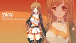  ahoge braid brown_eyes brown_hair culture_japan dmyo female hair_accessory hair_ornament highres long_hair mascot mirai_millennium open_mouth orange_eyes orange_hair shirahane_nao solo suenaga_mirai thighhighs twin_braids very_long_hair wallpaper zoom_layer 