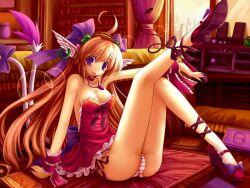  breasts brown_hair commentary_request female highres hoshi_no_gen long_hair looking_at_viewer medium_breasts open_mouth original panties purple_eyes striped_clothes striped_panties tail underwear 