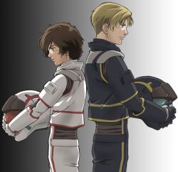  2boys back-to-back bad_id bad_pixiv_id banagher_links blonde_hair blue_eyes gundam gundam_unicorn height_difference helmet male_focus multiple_boys pilot_suit redpipin riddhe_marcenas unworn_headwear unworn_helmet 