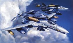  1boy aircraft airplane cloud fighter_jet flying ghost_drone gunpod highres jet kudou_shin macross macross_zero military military_vehicle missile non-web_source qf-2001 realistic scan science_fiction tenjin_hidetaka u.n._spacy variable_fighter vehicle_focus vf-0 