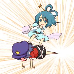  2girls arms_behind_back batta_(ijigen_debris) belt beret blue_dress blue_eyes blue_hair blush_stickers bow commentary_request cowgirl_position dragon_ball dragon_ball_(classic) dress flower hair_ornament hair_stick hairbow hat hat_ornament jiangshi kaku_seiga miyako_yoshika multiple_girls ofuda open_mouth outstretched_arms parody shawl shirt skirt sky_surfing smile star_(symbol) star_hat_ornament surfing tao_pai_pai touhou vest zombie_pose 