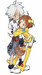  1boy basket blue_eyes boots brown_eyes brown_hair commentary_request female gloves norma_beatty senel_coolidge skirt smile soto tales_of_(series) tales_of_legendia thigh_boots thighhighs white_background white_hair yellow_legwear yellow_skirt 