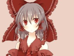  ascot bad_id bad_pixiv_id blush bow brown_hair detached_sleeves dress female hair_tubes hairbow hakurei_reimu highres pasutel photoshop_(medium) red_bow red_dress red_eyes simple_background solo touhou 