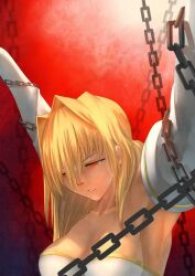  archetype_earth arcueid_brunestud armpits arms_up bare_shoulders blonde_hair breasts chained chains cleavage commentary_request detached_sleeves dress female highres large_breasts long_hair melty_blood red_eyes solo strapless strapless_dress tg01 tsukihime 