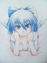  bad_id bad_pixiv_id barefoot blue_eyes blue_hair bow cirno collarbone commentary_request female hairbow hayashi_custom head_rest highres looking_at_viewer lying on_stomach shirt short_hair smile solo touhou traditional_media wings 