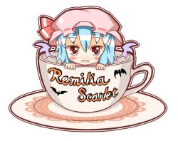  bat_(animal) bat_wings blue_hair character_name chibi commentary_request cup female hat hat_ribbon in_container in_cup mini_person minigirl oerba_yun_fang open_mouth red_eyes remilia_scarlet ribbon saucer short_hair solo touhou umi_suzume wings 