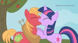  apple apple_tree better_version_at_source big_macintosh_(mlp) cloud cutie_mark diegotan equid equine female feral food friendship_is_magic fruit fruit_tree hasbro horn horse kissing male mammal my_little_pony mythological_creature mythological_equine mythology plant pony sky tree twilight_sparkle_(mlp) unicorn wood yoke 