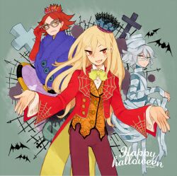  2011 3boys afuro_terumi bandages bat_(animal) blonde_hair blue_eyes commentary_request costume cross crown formal glasses grey_background halloween happy_halloween inazuma_eleven inazuma_eleven_(series) l_hakase long_hair multiple_boys mummy nagumo_haruya open_mouth photoshop_(medium) red_eyes red_hair short_hair suit suzuno_fuusuke very_long_hair 