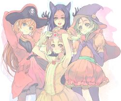  4girls animal_ears black_gloves black_hair blue_eyes brown_eyes brown_hair bubble_skirt cat_ears commentary_request cosplay dress gloves green_eyes group_picture halloween hat heart houjou_hibiki kurokawa_eren long_hair minamino_kanade multiple_girls pantyhose photoshop_(medium) pirate_hat precure seiren_(suite_precure) shirabe_ako short_hair short_twintails skirt smile suite_precure tiara toromi_chuuka twintails witch_hat yellow_eyes 