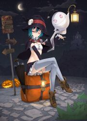  aqua_hair bag boots breasts capelet cleavage commentary_request crescent_moon crossed_legs detached_sleeves female ghost halloween hat highres jack-o&#039;-lantern lantern maeda_risou midriff miniskirt moon navel night night_sky one_eye_closed original pleated_skirt pumpkin purple_eyes short_hair signpost sitting skirt sky small_breasts solo strapless thighhighs top_hat trick_or_treat tube_top umbrella witch_hat 