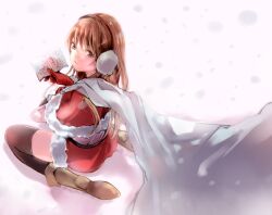  book boots brown_eyes brown_hair cape capelet christmas commentary_request earmuffs female hakka0320 long_hair original red_capelet santa_costume solo thighhighs 