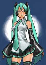  66head bad_id bad_pixiv_id bare_shoulders detached_sleeves female hatsune_miku headphones lipstick long_hair makeup necktie photoshop_(medium) pleated_skirt skirt solo thighhighs very_long_hair vocaloid 