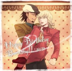  2boys bad_id bad_pixiv_id barnaby_brooks_jr. birthday blonde_hair brown_eyes brown_hair cabbie_hat carrying character_name glasses green_eyes hat highres kaburagi_t._kotetsu male_focus multiple_boys necktie nsk princess_carry role_reversal surprised tiger_&amp;_bunny 