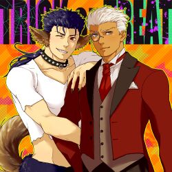  2boys animal_ears archer_(fate) arm_hug blue_hair collar commentary_request cu_chulainn_(fate) cu_chulainn_(fate/stay_night) dark-skinned_male dark_skin dog_boy dog_ears dog_tail fangs fate/stay_night fate_(series) formal grey_eyes halloween locked_arms long_hair male_focus midriff monocle monocle_chain multiple_boys necktie one_eye_closed orange_background ponytail red_eyes smile suit tail trick_or_treat white_hair yatsufusa_(negro) 