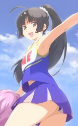  ahoge arm_up armpits bad_id bad_pixiv_id black_hair blue_sky cheerleader cloud commentary_request day duke_(inu_daimyou) female flat_chest jewelpet_(series) jewelpet_sunshine long_hair looking_at_viewer microskirt mizushiro_kanon open_mouth pom_pom_(cheerleading) ponytail skirt sky sleeveless smile solo thighs 