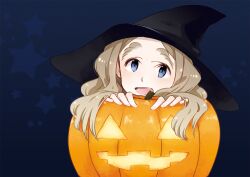  blue_eyes brown_hair chibikko_(morihito) commentary_request female halloween hat jack-o&#039;-lantern long_hair morihito original pumpkin solo thick_eyebrows witch_hat 