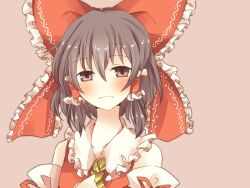  ascot bad_id bad_pixiv_id blush bow brown_eyes brown_hair detached_sleeves dress female hair_tubes hairbow hakurei_reimu highres pasutel photoshop_(medium) red_bow red_dress simple_background smile solo touhou 