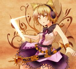  ayagi_daifuku blonde_hair commentary_request earmuffs female ritual_baton short_hair skirt solo sword touhou toyosatomimi_no_miko weapon yellow_eyes 