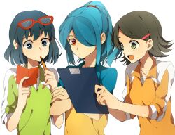  1boy 2girls blue_hair clipboard commentary_request eyewear_on_head glasses green_eyes green_hair hair_ornament hair_over_one_eye hairclip inazuma_eleven inazuma_eleven_(series) kazemaru_ichirouta kino_aki long_hair multiple_girls notebook otoko_no_ko otonashi_haruna pen ponytail red-framed_eyewear short_hair yorozuyozu 