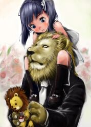  1boy blue_eyes blue_hair carrying commentary_request eye_contact female formal goichi hair_ribbon jewelry lion looking_at_another necktie original ribbon ring shoulder_carry stuffed_animal stuffed_lion stuffed_toy suit twintails 