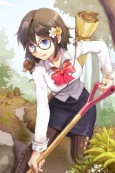  :q artist_request black_hair blue_eyes bow breasts digging dress_shirt female flower grass licking_lips lowres medium_breasts mole_(animal) pantyhose shirt short_hair shovel skirt solo sword_girls tongue tongue_out tree 