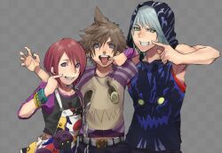  2boys :p alternate_costume belt blue_eyes bracelet brown_hair commentary_request dark_red_hair female green_eyes grey_hair hood hoodie jewelry kairi_(kingdom_hearts) kingdom_hearts kingdom_hearts_i long_hair looking_at_viewer multiple_boys necklace ohji130 purple_eyes red_hair riku_(kingdom_hearts) short_hair sleeveless sleeveless_hoodie sora_(kingdom_hearts) tongue tongue_out wristband 