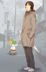  1boy bad_id bad_pixiv_id boots breath brown_eyes brown_hair closed_umbrella father_and_daughter female gloves green_hair hands_in_pockets jacket koiwai_yotsuba lolicon looking_up mittens mr._koiwai shoes short_hair sneakers snow suzuki_tsuta umbrella yotsubato! 