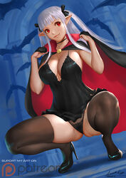  ariverkao bat_(animal) black_camisole black_panties black_thighhighs blunt_bangs breasts camisole cleavage cloak dated dutch_angle facing_viewer female high_heels large_breasts long_hair looking_to_the_side no_bra oerba_yun_fang original panties patreon_logo pointy_ears red_eyes signature smile solo squatting thighhighs two_side_up underwear vampire white_hair 