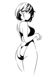  ass back bare_shoulders breasts commentary competition_swimsuit female from_behind greyscale highleg highleg_swimsuit highres izumi_(kekemotsu) kekemotsu looking_at_viewer looking_back medium_breasts monochrome one-piece_swimsuit original short_hair solo swimsuit symbol-only_commentary thighs 