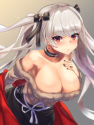  aran_sweater azur_lane belfast_(azur_lane) belfast_(azur_lane)_(cosplay) belfast_(shopping_with_the_head_maid)_(azur_lane) breasts brown_sweater cable_knit choker cleavage cosplay earrings female formidable_(azur_lane) hair_ribbon highres jewelry large_breasts lasts leaning_forward long_hair looking_at_viewer off-shoulder_sweater off_shoulder orange_eyes red_nails ribbon simple_background solo sweater twintails white_hair 