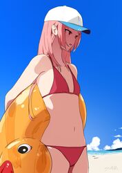  artist_name baseball_cap beach blue_sky bra cei_(sohin) cloud female hat holding holding_swim_ring inflatable_duck innertube long_hair open_mouth original panties pink_hair red_bra red_eyes red_panties sky sohin solo stomach swim_ring underwear white_hat 