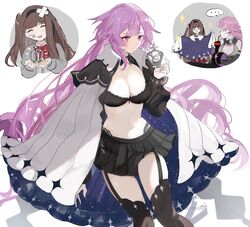  2girls :d bad_id bad_twitter_id bandaid bandaid_on_face bandaid_on_head black_bra black_hairband black_legwear black_skirt blush bra breasts brown_hair cape cape_hold cleavage closed_eyes closed_mouth collar collared_cape copyright_request crown garter_straps hair_between_eyes hairband highres holding holding_crown long_hair looking_away multiple_girls navel open_mouth pink_eyes pink_hair pleated_skirt red_skirt rrrr_222 simple_background sitting skirt smile sparkle sparkle_print standing stomach thighhighs underwear unworn_clothes upper_body very_long_hair white_background white_cape zettai_ryouiki 