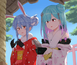  6mint animal_ears bunny_ears hololive tagme uruha_rushia usada_pekora yukata 