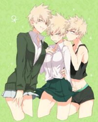  3girls arm_around_waist bakugou_katsuki black_shorts black_tank_top blonde_hair boku_no_hero_academia cardigan collared_shirt genderswap_(mtf) green_background green_cardigan green_skirt hand_on_another&#039;s_shoulder looking_at_viewer maneki-neko_(fujifuji) midriff multiple_girls multiple_persona pleated_skirt rule_63 shirt short_shorts shorts skirt spiked_hair sweatdrop tank_top venus_symbol white_shirt yellow_eyes 