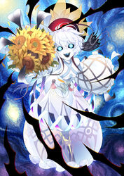  absurdres bare_shoulders black_sclera black_tongue blue_eyes breasts colored_sclera colored_skin fate/grand_order fate_(series) female flower gradient_background hair_between_eyes highres may_(2747513627) open_mouth small_breasts solo sunflower thighs van_gogh_(fate) van_gogh_(third_ascension)_(fate) white_hair white_skin 