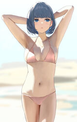  absurdres armpits bad_id bad_pixiv_id bare_arms bare_shoulders bikini blue_eyes blue_hair blurry blurry_background breasts collarbone commentary_request depth_of_field female highres icehotmilktea jewelry looking_away medium_breasts navel necklace original parted_lips pink_bikini short_hair solo standing swimsuit 