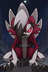  2018 2:3 ambiguous_gender anthro biped blush canid canine claw_fingers claw_toes claws dead_tree detailed_background digital_media_(artwork) duo feet first_person_view fur generation_7_pokemon glowing glowing_eyes hair head_crest katahane3 looking_at_viewer lycanroc mammal midnight_lycanroc moon multicolored_body multicolored_fur night nintendo outside plant pokemon pokemon_(species) red_body red_eyes red_fur sky smile solo_focus standing teeth toes tree white_body white_fur 